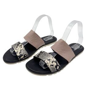 Sorel flat sandals leather black snakeskin print size 9